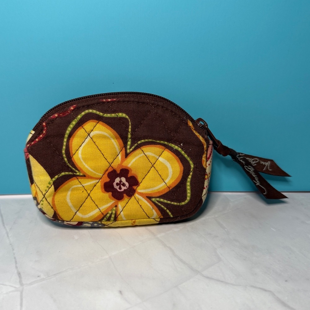 Vera Bradley Coin Purse Small Brown Yellow Buttercup Floral Zip Pouch - Picture 2 of 4